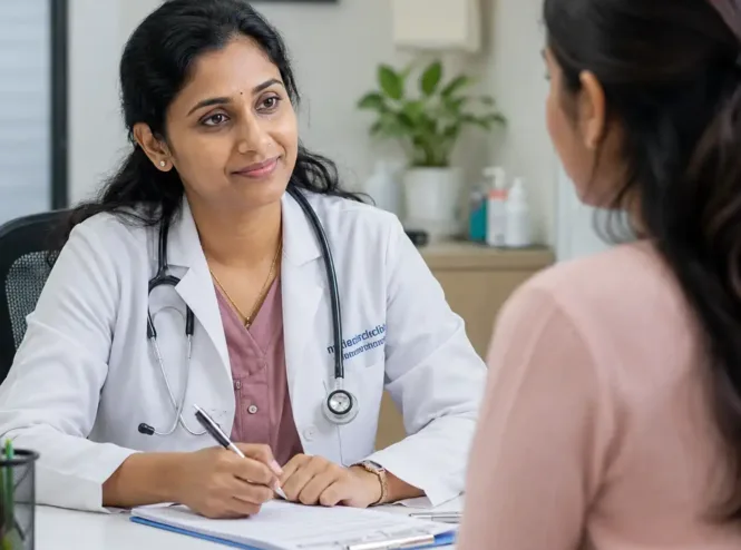 A friendly female Indian doctor in a white coat sitting across from a patient in a modern clinic, having a warm and reassuring conversation. Soft, professional lighting. Photorealistic style. Conveys trust, empathy, and expert care.