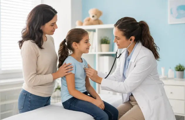 Pediatrician reassuring a parent about a child's stomach and digestive health concern